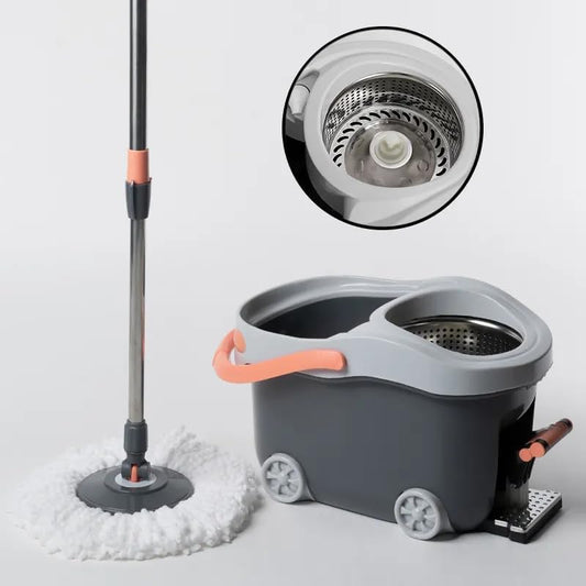 FIZZI SHOP Seasons microfiber spin mop with stainless steel bucket for floor cleaning, featuring a grey spin mop and bucket.