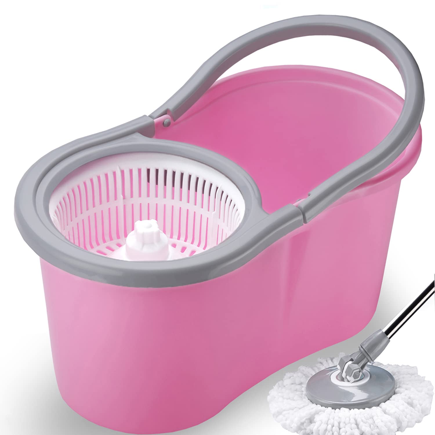 Pink Seasons Steel Classic Magic Spin Dry Bucket Mop by FIZZI SHOP with 360-degree self-spin wringing for efficient floor cleaning.