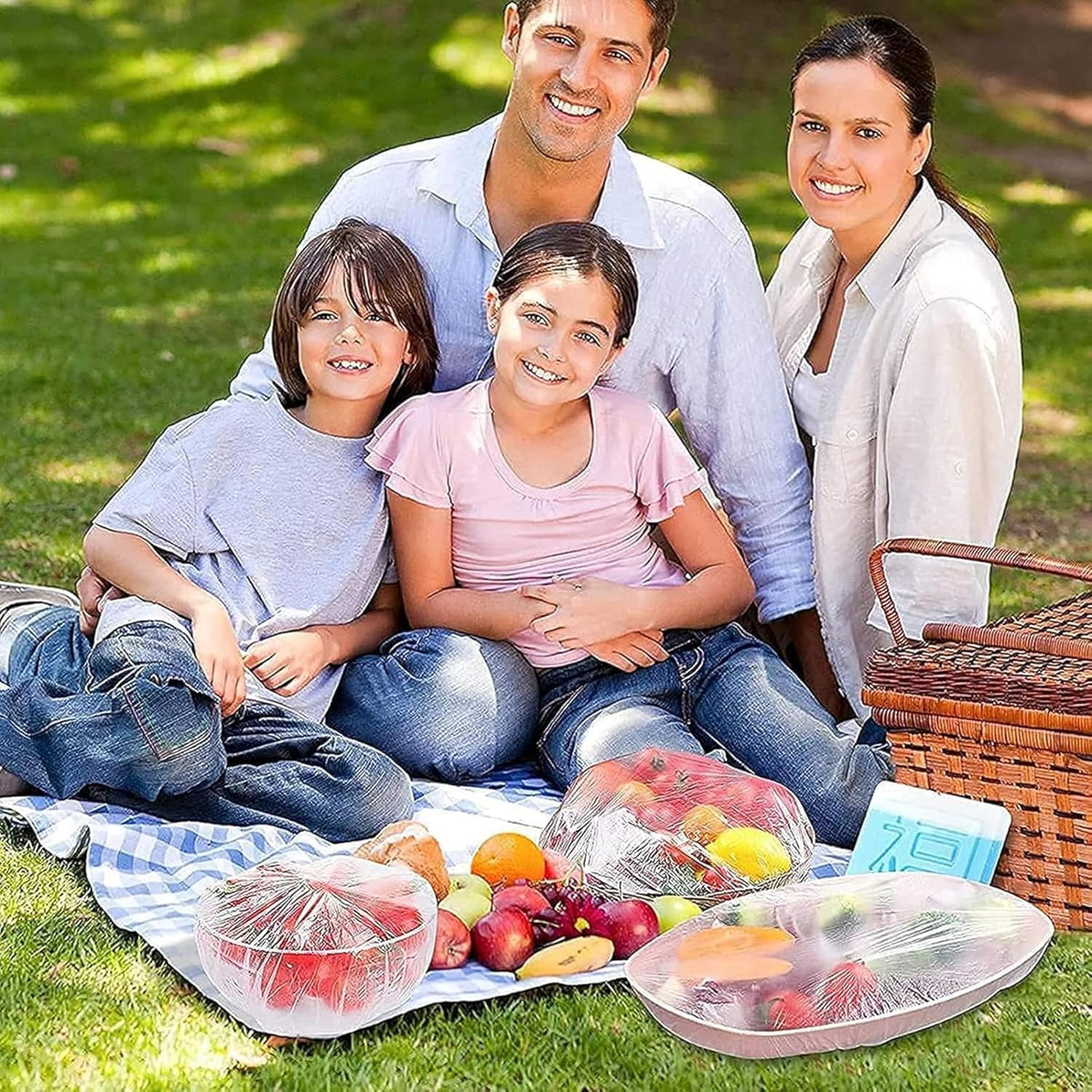 Pack of 100 reusable elastic food storage covers from Drpshippr, designed to keep produce fresh in your kitchen.