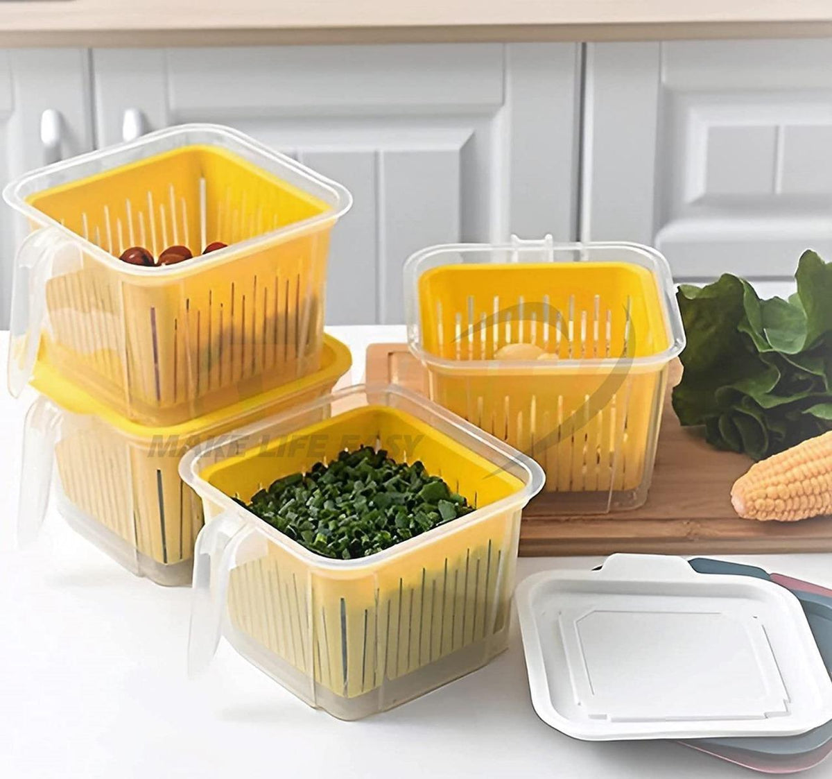 Plastic fridge organizer storage box with handle, ideal for kitchen storage and organization in home kitchens.