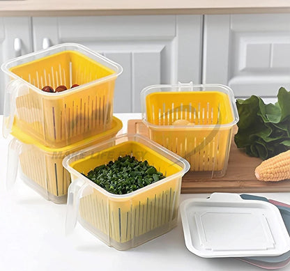 Plastic fridge organizer storage box with handle, ideal for kitchen storage and organization in home kitchens.