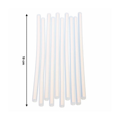 Set of 10 transparent hot melt glue sticks by Wukusy, suitable for crafting and DIY projects, shown stacked in the image.
