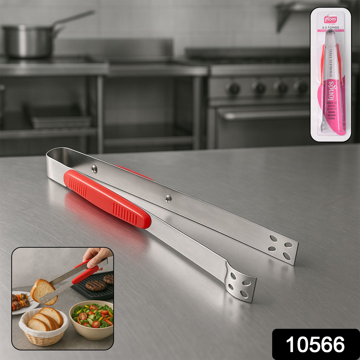 Wukusy Supermom premium stainless steel multipurpose kitchen tongs for cooking, grilling, and serving in a home kitchen setting.