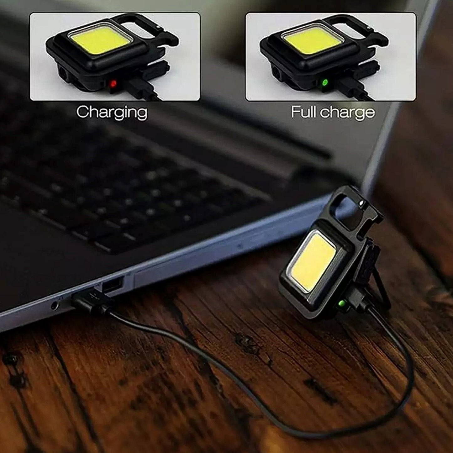 Wukusy 4035 rechargeable keychain mini flashlight with 4 light modes, portable design, folding bracket, bottle opener, and magnet base.