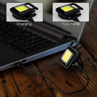 Wukusy 4035 rechargeable keychain mini flashlight with 4 light modes, portable design, folding bracket, bottle opener, and magnet base.