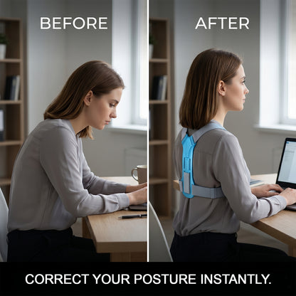 Wukusy ergonomic adjustable back posture corrector support belt worn over clothing, designed for improved spinal alignment.