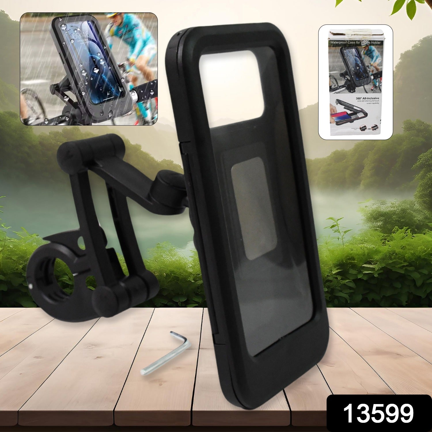 Wukusy 360 rotation waterproof bike phone mount holding a smartphone, designed for secure cycling with adjustable angle.