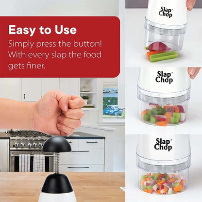 Wukusy Slap Chop hand press vegetable and fruit chopper on kitchen countertop, ready for chopping vegetables and fruits.