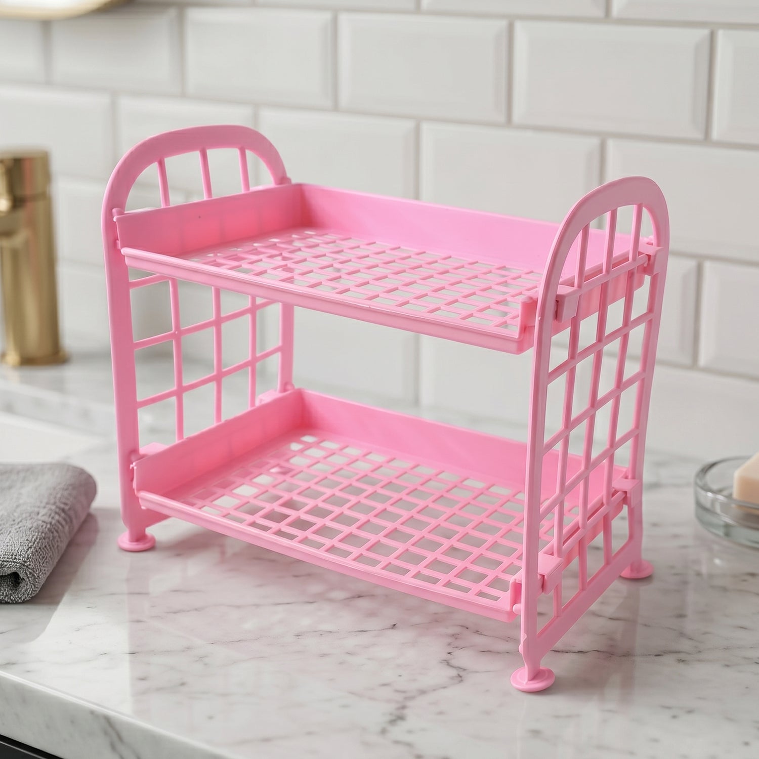 Wukusy 2-layer small plastic storage rack for kitchen, multipurpose organizer shelf with two tiers and compact design.
