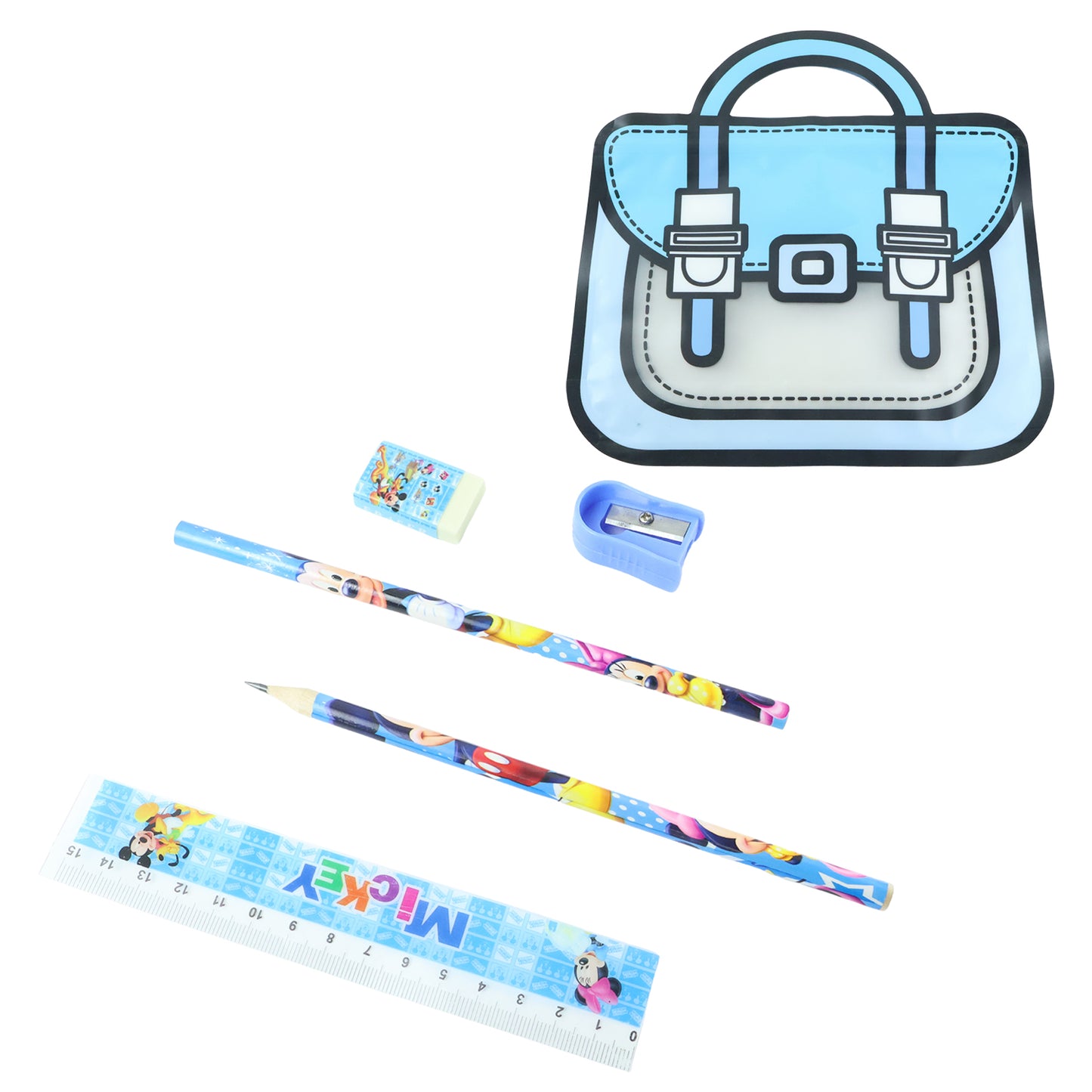 Kids stationery kit by Wukusy featuring five essential supplies in a colorful cartoon-themed carry bag.