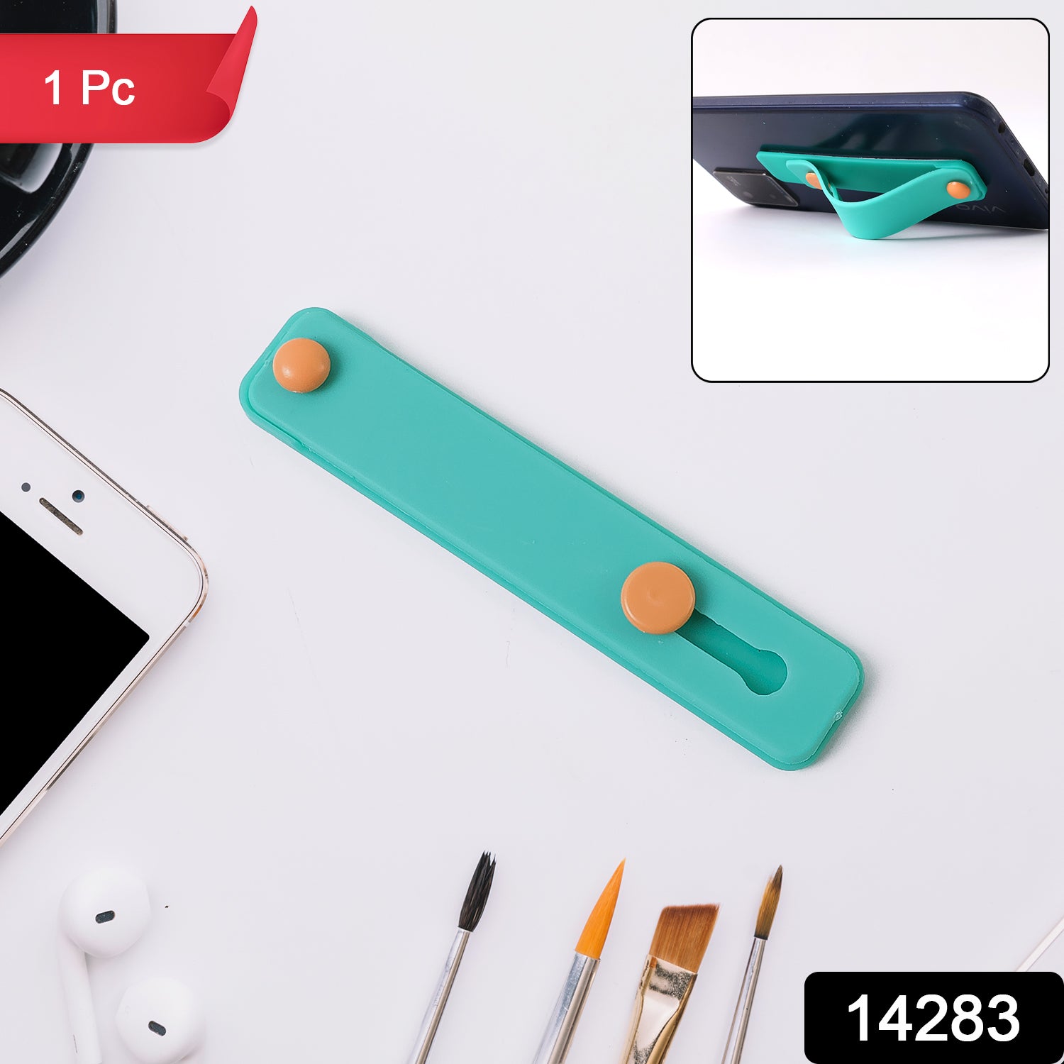 Teal green silicone phone loop finger holder grip strap by Wukusy on smartphone with a secure finger strap for easy handling.