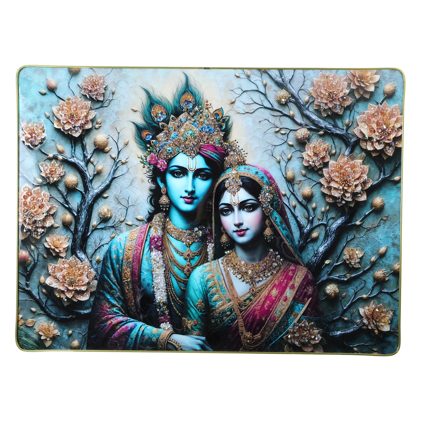 Decorative Radha Krishna wall frame by Wukusy, 60x45 cm, featuring intricate artwork of Hindu deities for spiritual home decor.