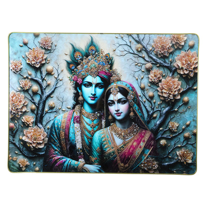 Decorative Radha Krishna wall frame by Wukusy, 60x45 cm, featuring intricate artwork of Hindu deities for spiritual home decor.