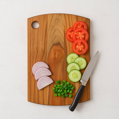 Wukusy Supermom premium teak wood chopping board for kitchen, showcasing a large rectangular cutting surface with smooth finish.
