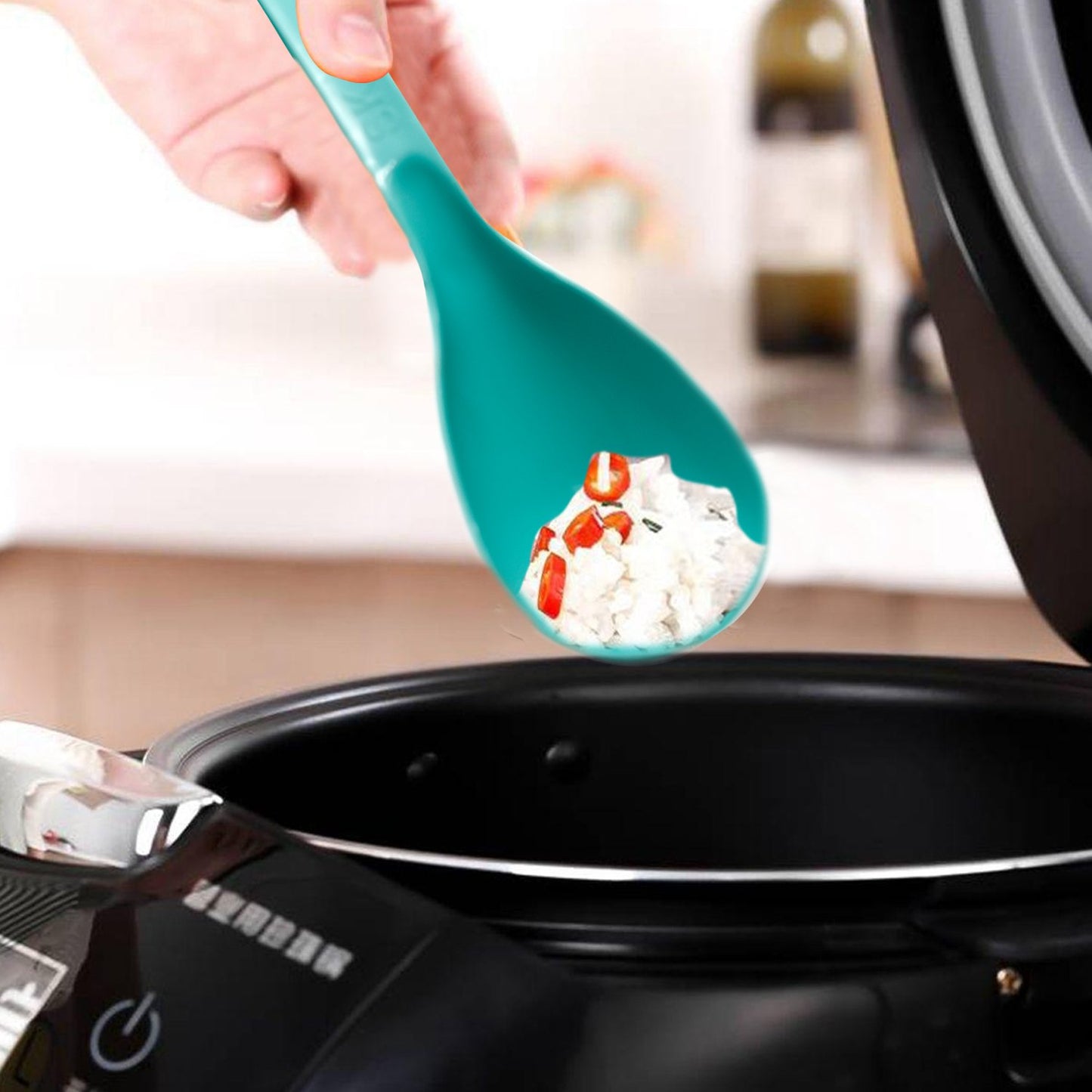 Wukusy plastic serving spoon, kitchen tool with a long handle and wide bowl for serving food.