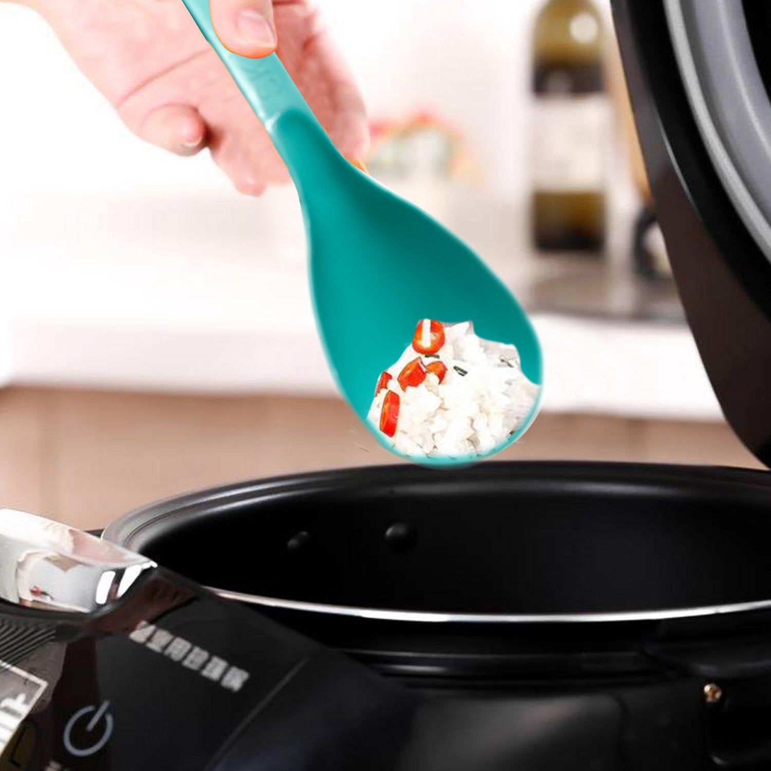 Wukusy plastic serving spoon, kitchen tool with a long handle and wide bowl for serving food.