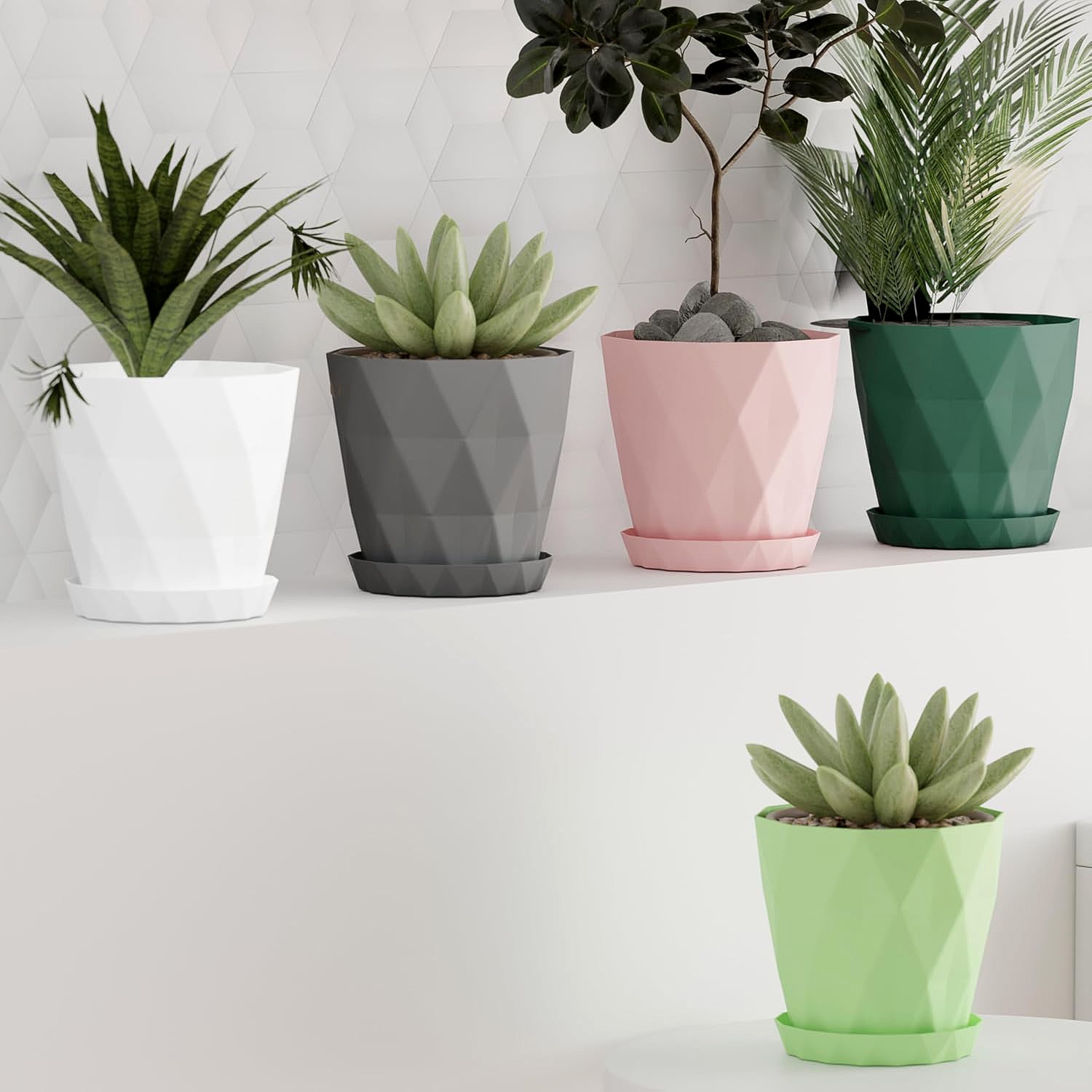 Set of five Wukusy diamond design plastic flower pots with drain trays for garden planting, durable and stylish outdoor planters.