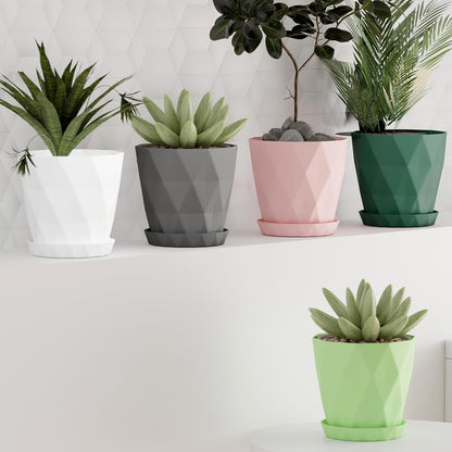 Set of five Wukusy diamond design plastic flower pots with drain trays for garden planting, durable and stylish outdoor planters.