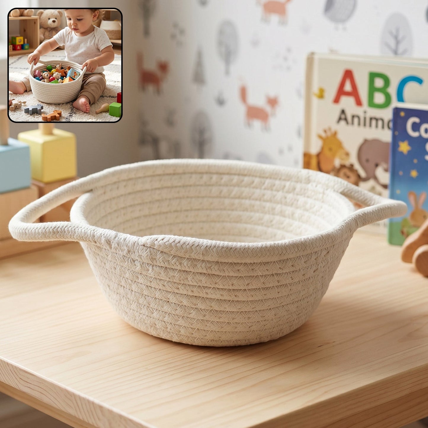Wukusy cotton rope woven storage basket with handles, ideal for toys and organization, shown in natural woven design.