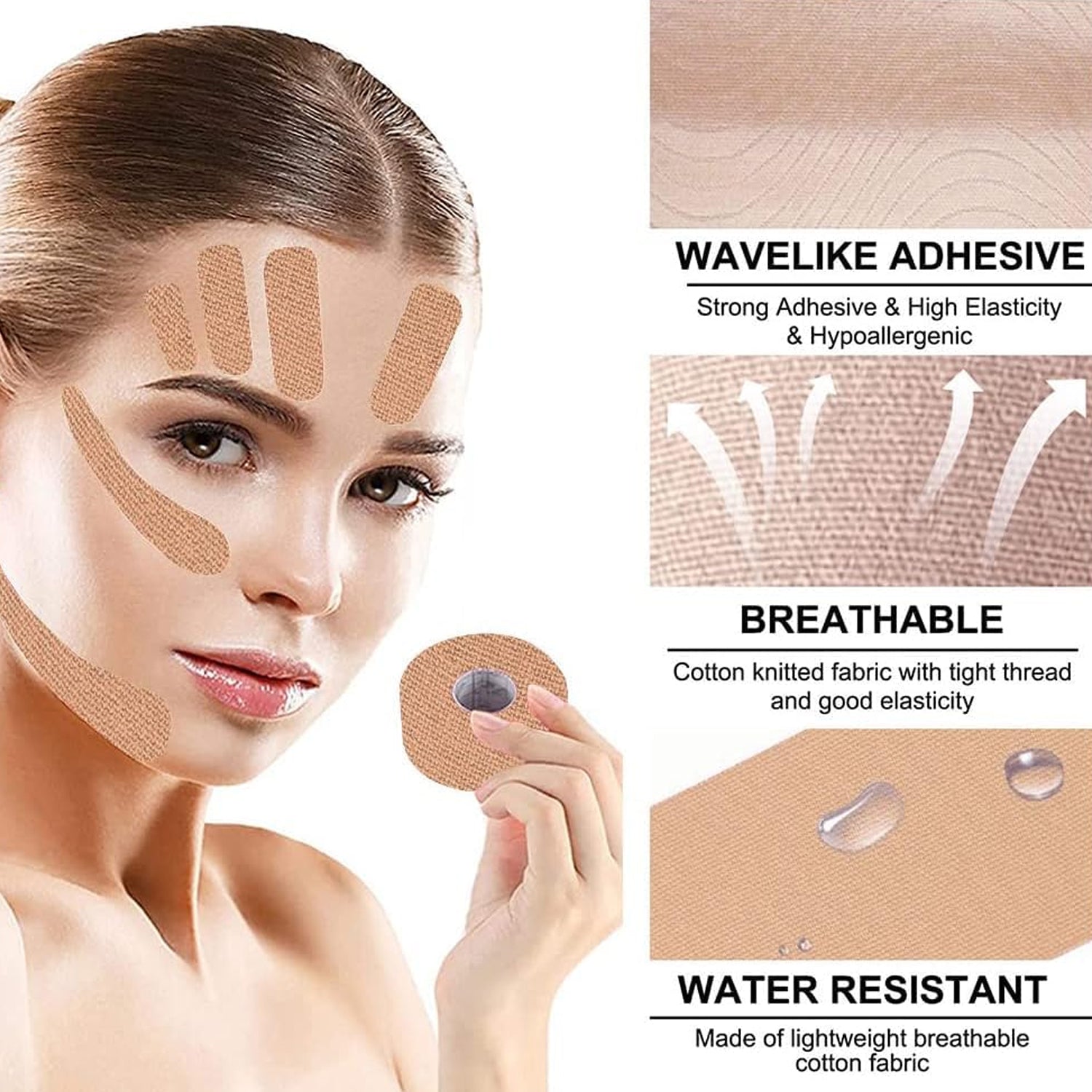 Wukusy face lifting tape, 2.5 cm x 5 m, showing clear adhesive side and flexible design for facial tightening and contouring.