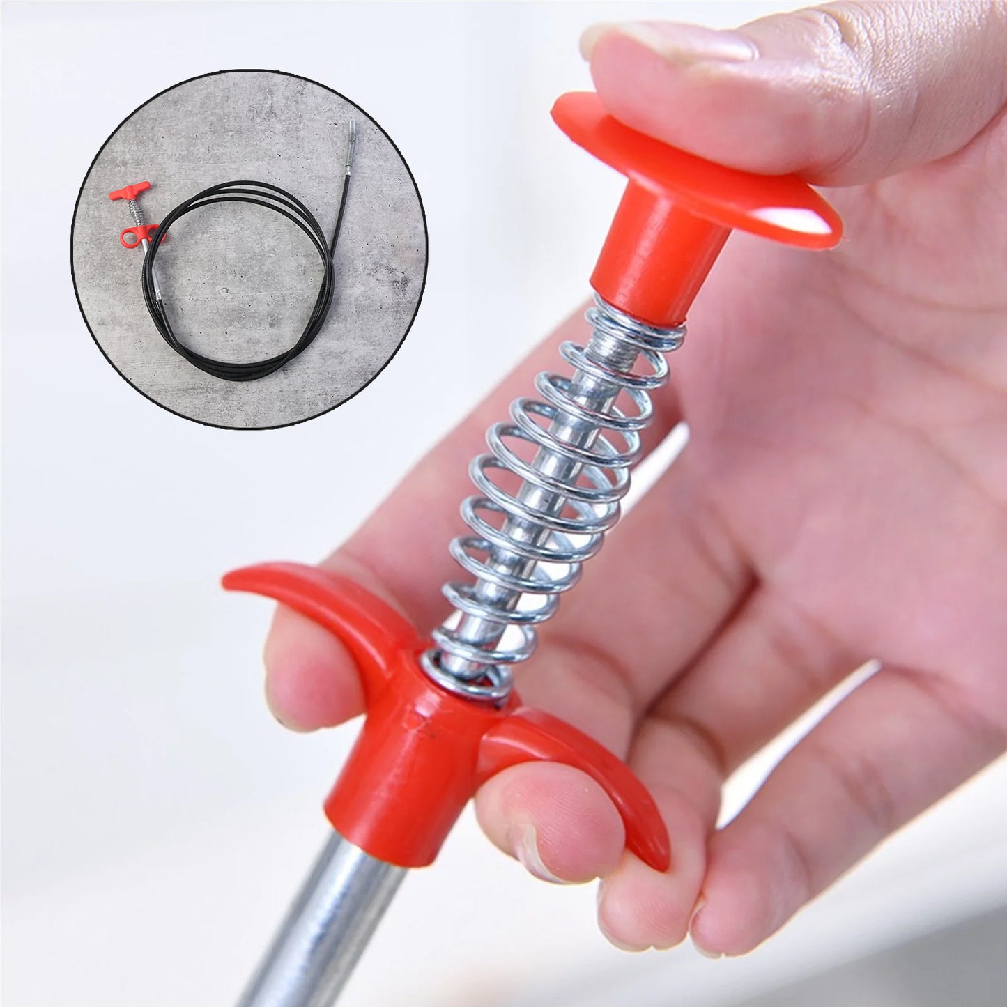 Flexible spring drain cleaning tool with hand grip, 298 cm long, by Wukusy, designed for clearing clogged drains efficiently.