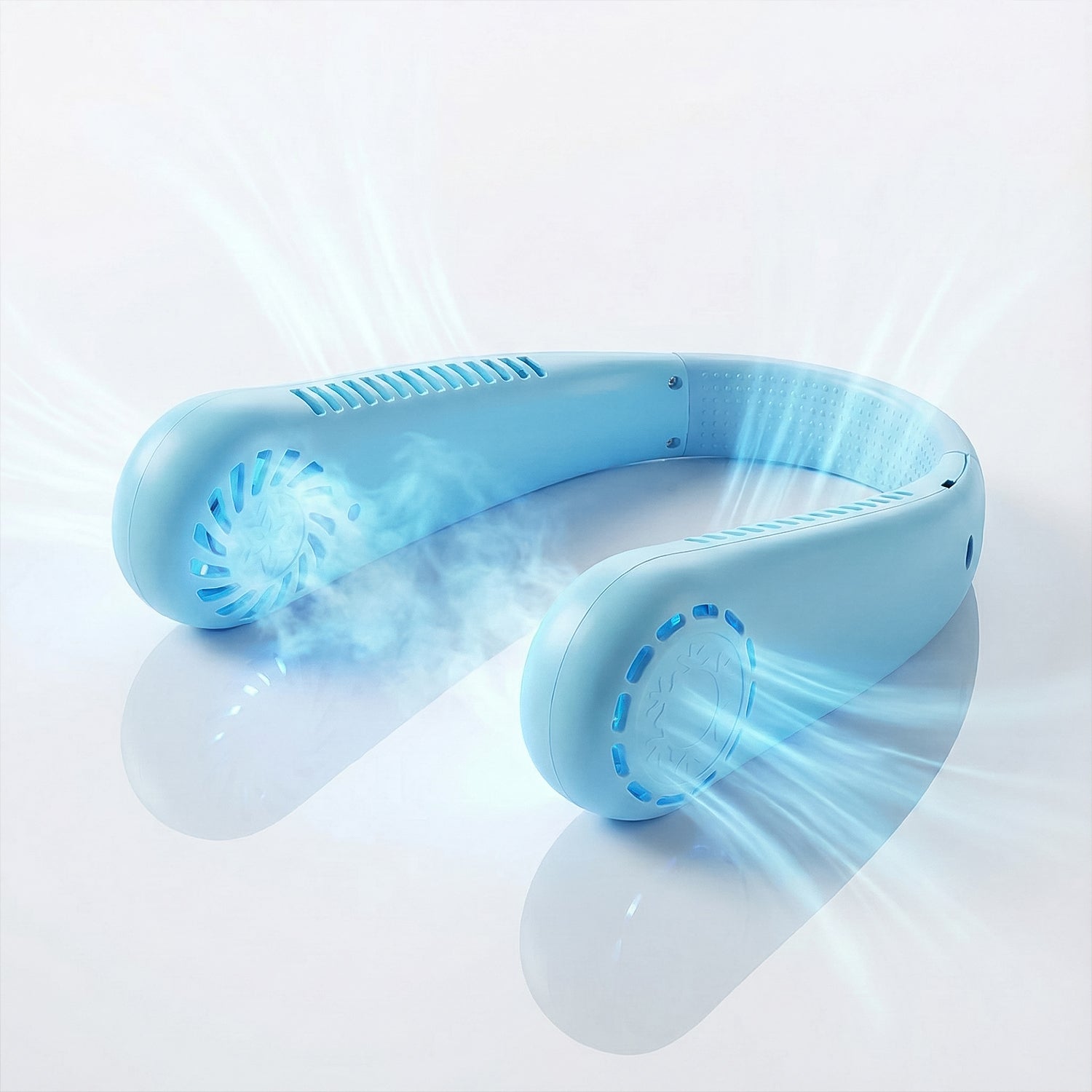 Wukusy B Grade rechargeable hanging neck fan with adjustable straps and dual fans for hands-free cooling.