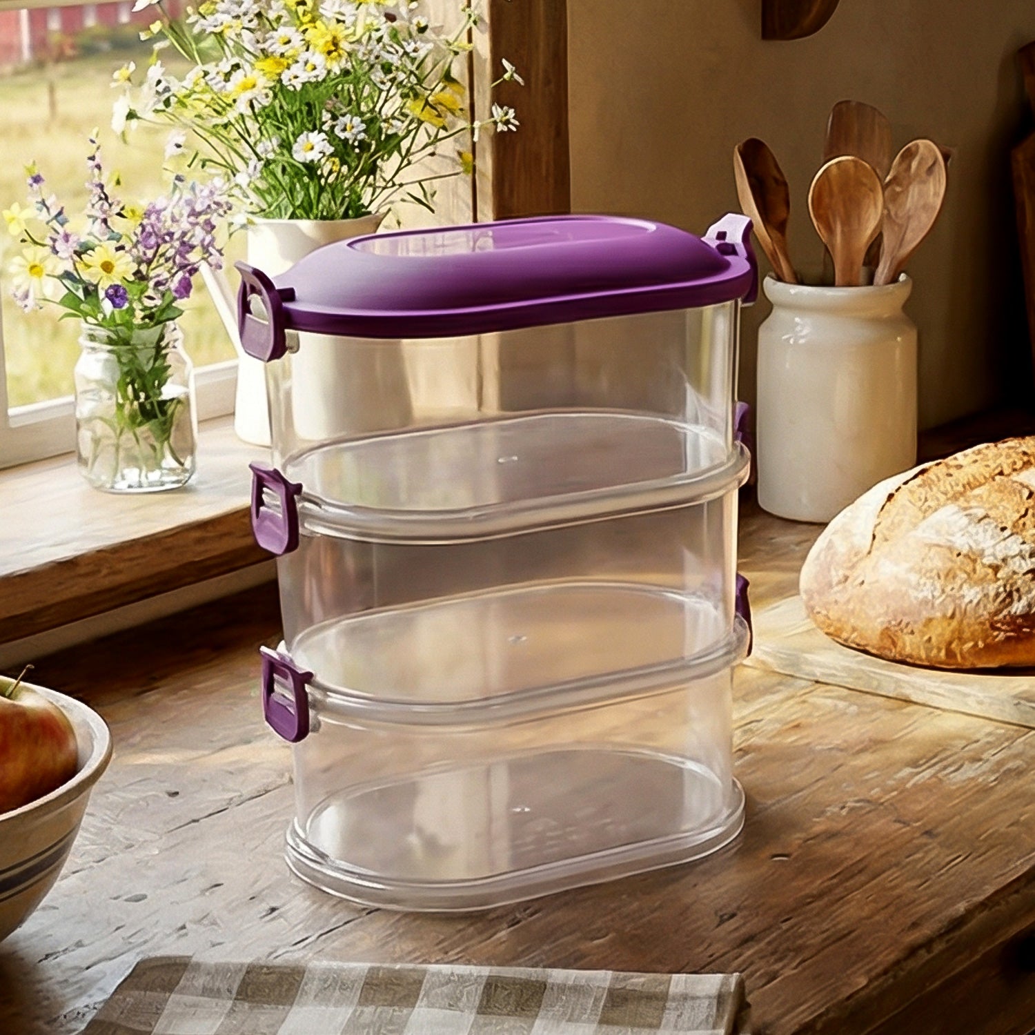 Wukusy 3-layer stackable airtight food storage container set with clear lids, ideal for pantry organization and keeping food fresh
