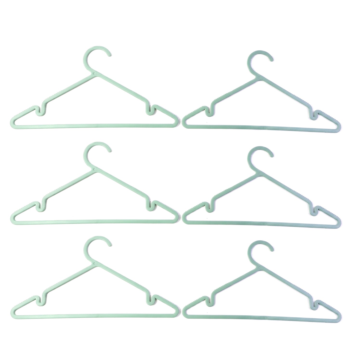 Set of six durable plastic Apex Gripi cloth hangers by Wukusy for wardrobe organization, shown hanging clothes.