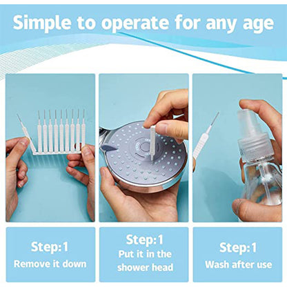 Wukusy 10-piece shower nozzle cleaning brush set with small, reusable brushes for anti-clogging and shower head maintenance.