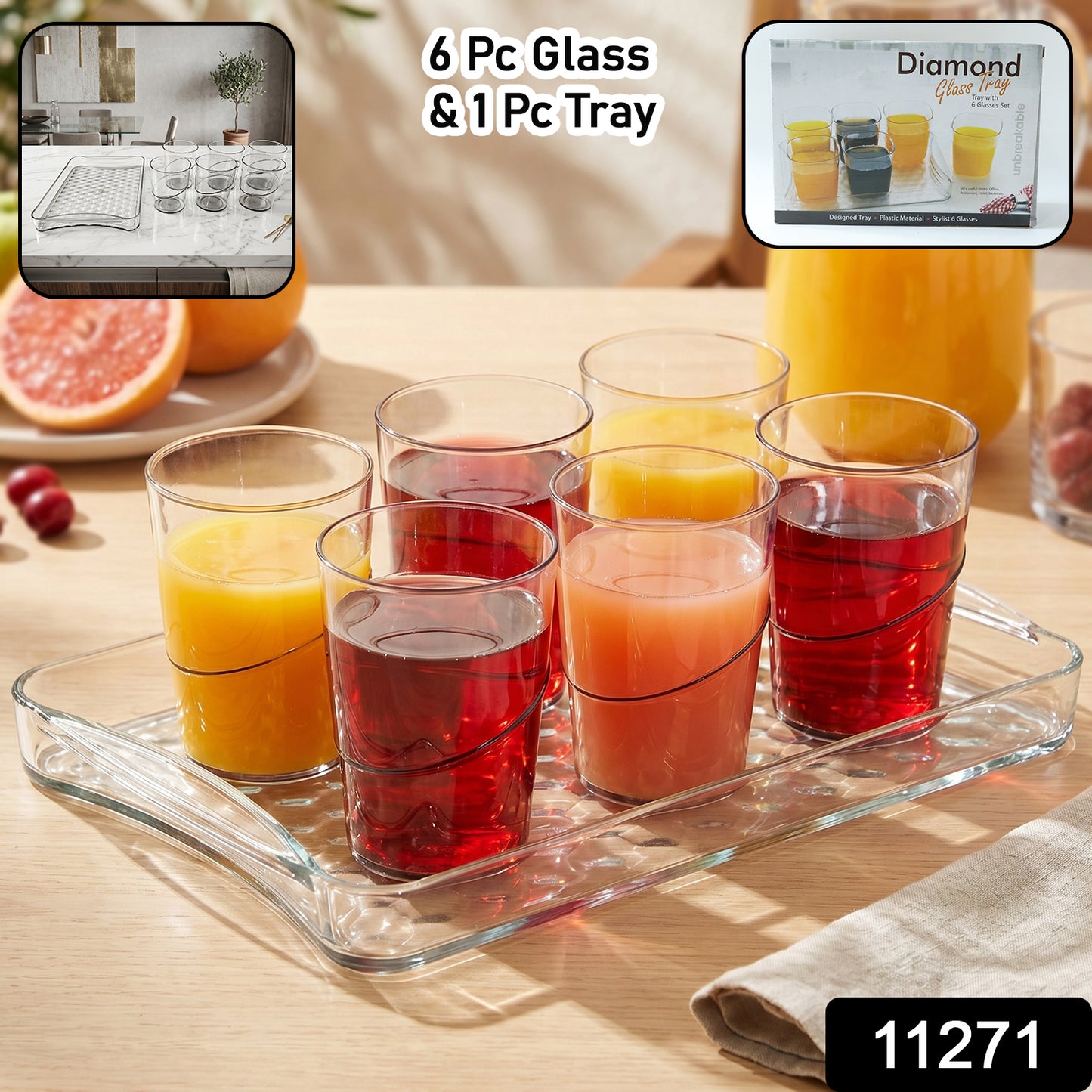 Six clear glass serving glasses with a matching tray from Wukusy Premium Glass Serving Set, perfect for entertaining.