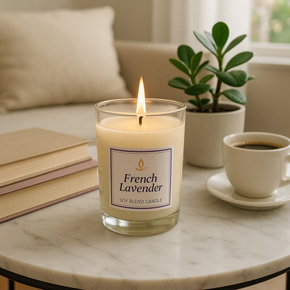 Wukusy Inlief French Lavender soy blend scented candle in glass jar, 50g, home decor item with lavender fragrance and floral design.