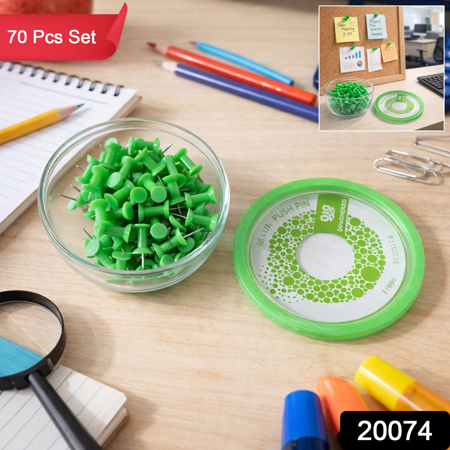 Set of 70 heavy-duty plastic head push pins by Wukusy, ideal for securing papers or lightweight materials.
