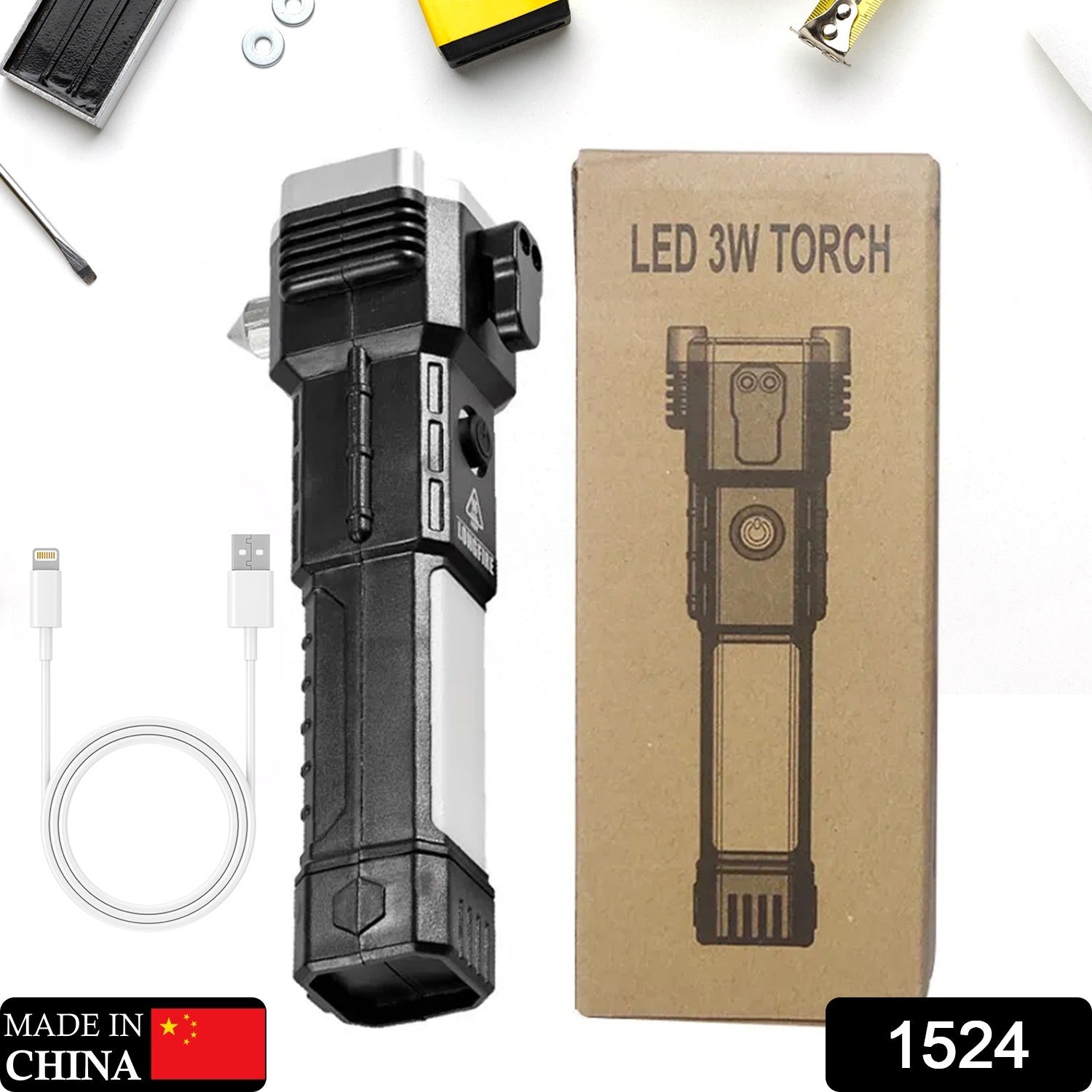 Wukusy 1524 portable 3W rechargeable LED flashlight with long beam, magnet, glass cutter, seat belt cutter, and four modes for outdoor use
