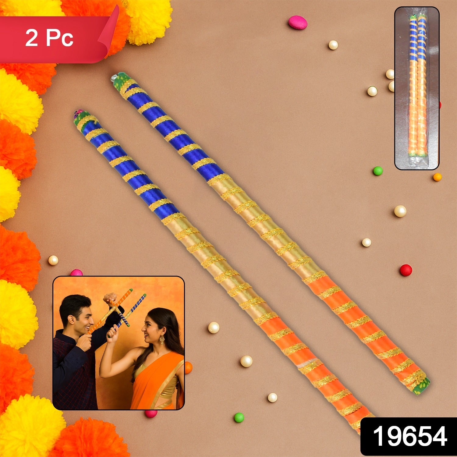Pair of traditional decorative Dandiya sticks for Navratri Garba by Wukusy, featuring colorful, handcrafted wooden sticks.