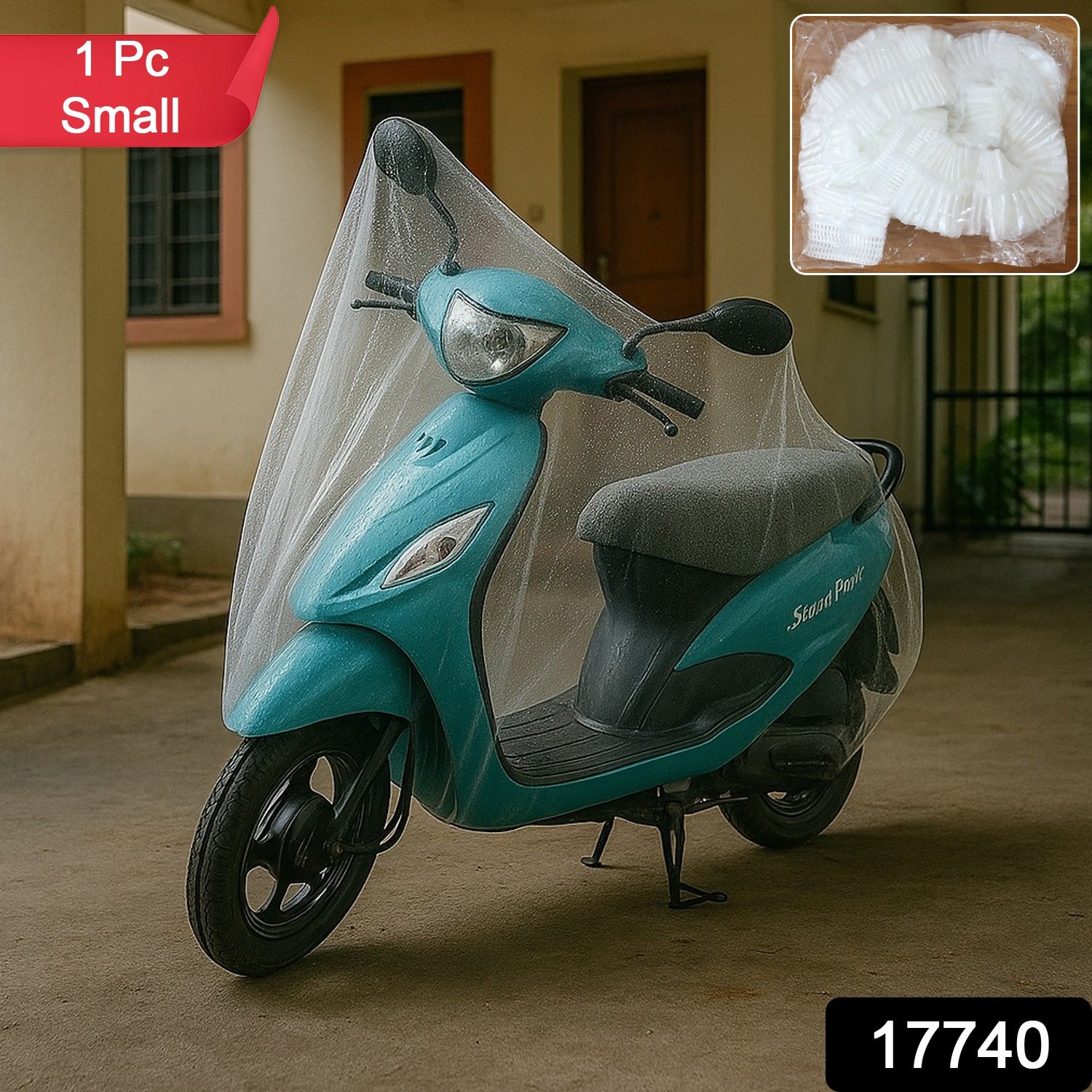 Small disposable plastic Activa cover for automotive use by Wukusy, shown in clear plastic packaging.