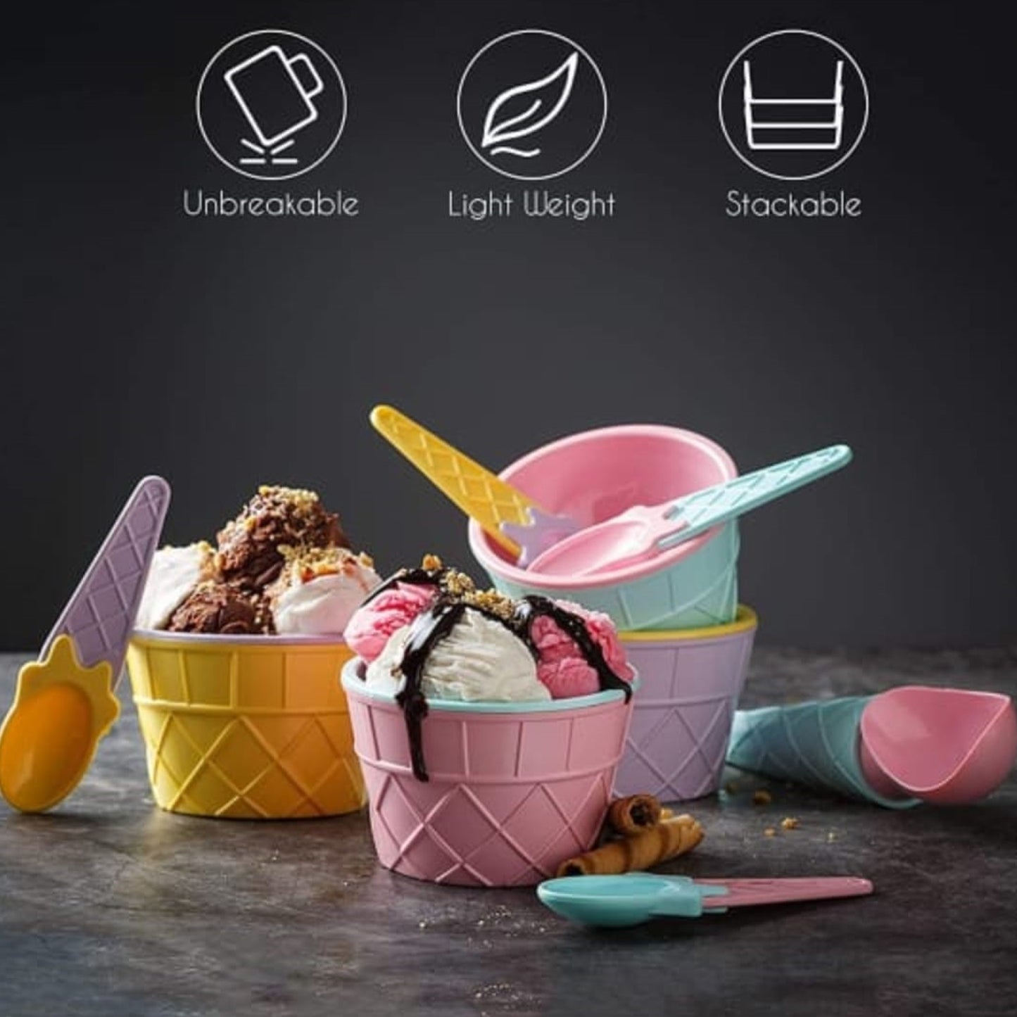 Multi-color Wukusy 12-piece ice cream bowl and spoon set with solid color plastic cups and matching spoons for serving desserts.