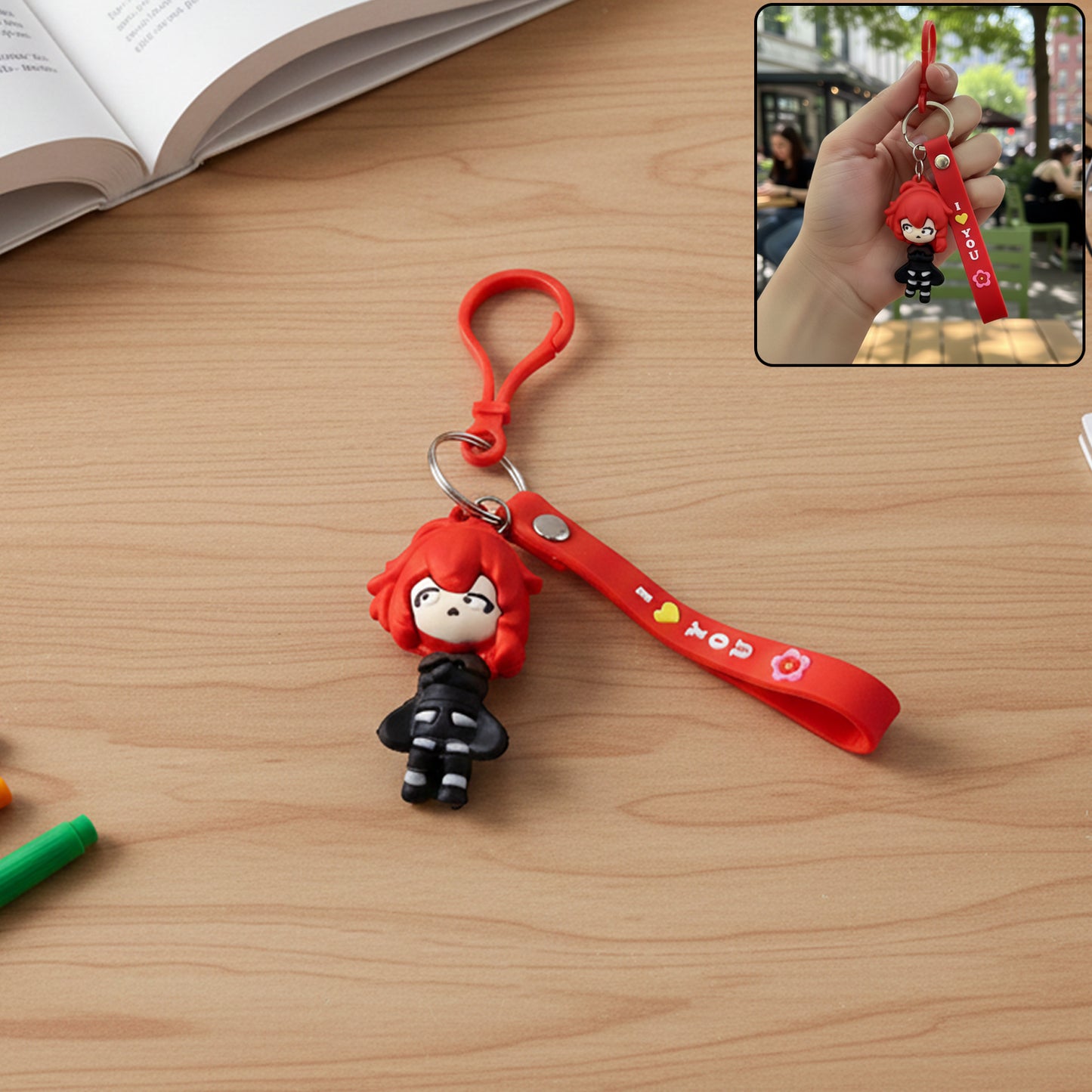 Red hair cartoon girl silicone keychain featuring a cute girl design, perfect for attaching to keys or bags.