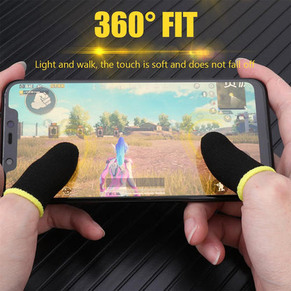 Pair of Wukusy thumb and finger sleeves for mobile gaming, ideal for PUBG, COD, Free Fire, showing black fabric sleeves on fingers