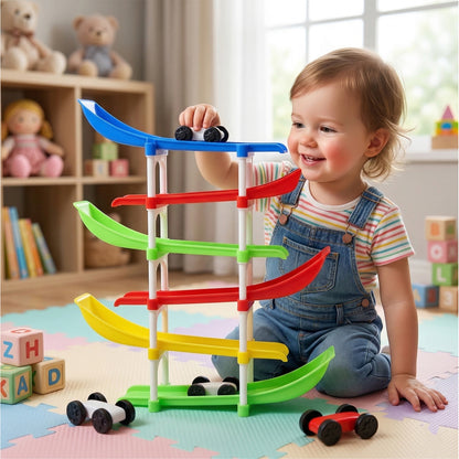 Kids Wukusy multi-level car racing track toy set with colorful lanes and ramps for imaginative play.