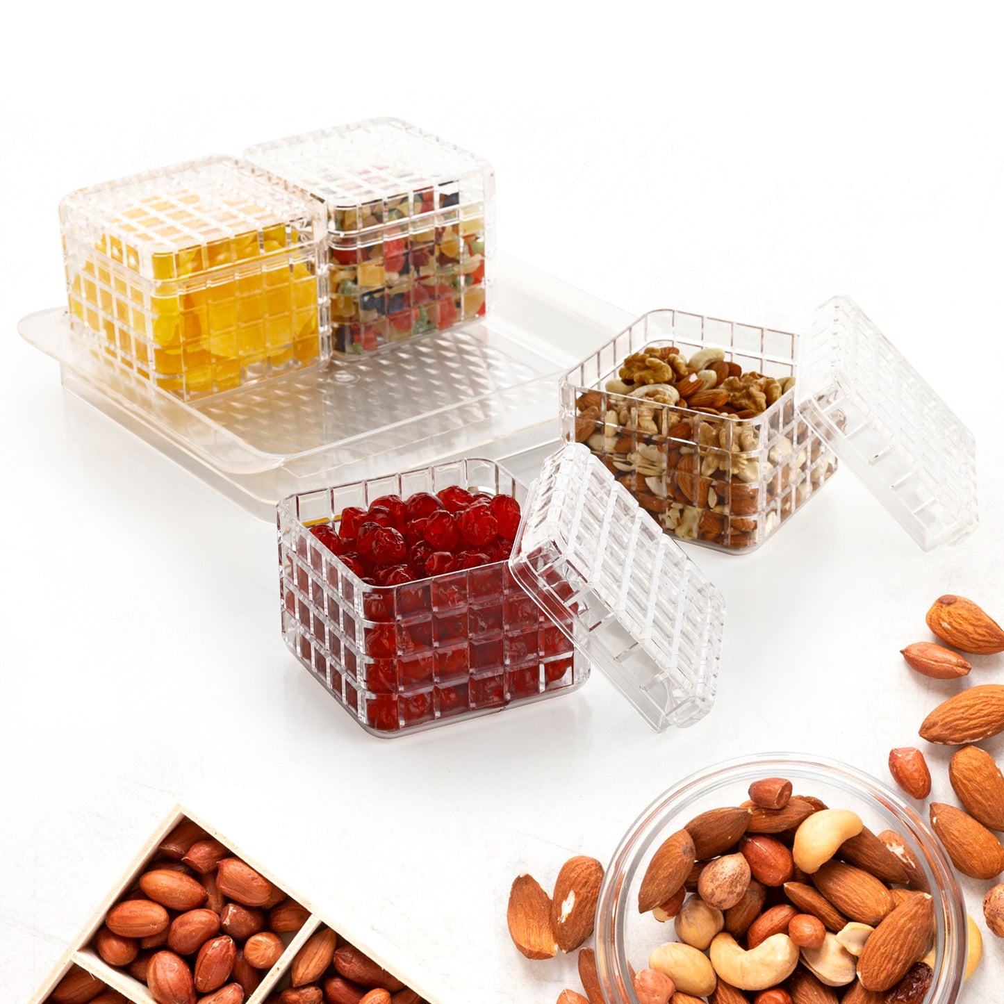 Wukusy Ganesh-themed dry fruit and candy gift set with 4 pieces and tray, versatile kitchen tool for gifting and serving.