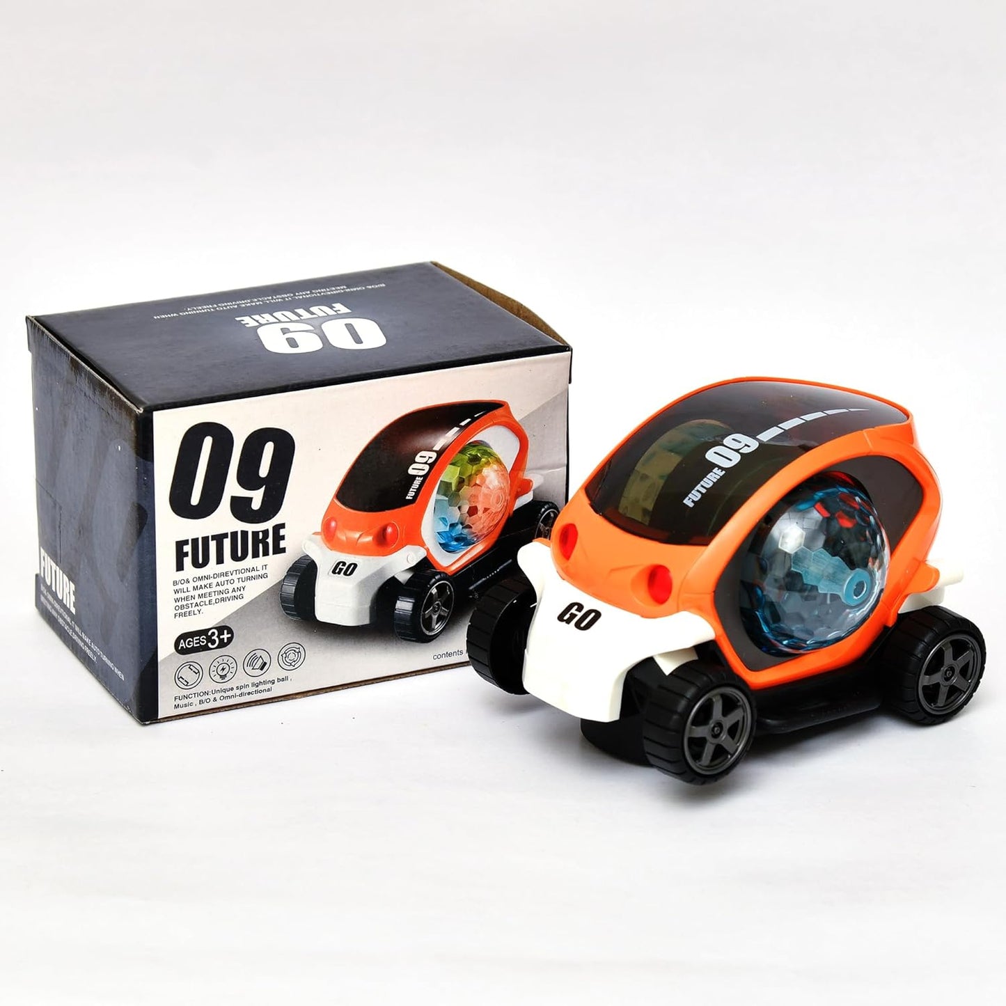 Wukusy plastic 360-degree rotating stunt car toy for kids with bump and go action, 4D lights, music, and a disco ball.