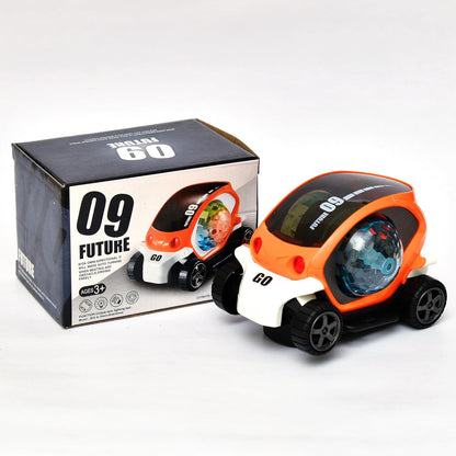 Wukusy plastic 360-degree rotating stunt car toy for kids with bump and go action, 4D lights, music, and a disco ball.