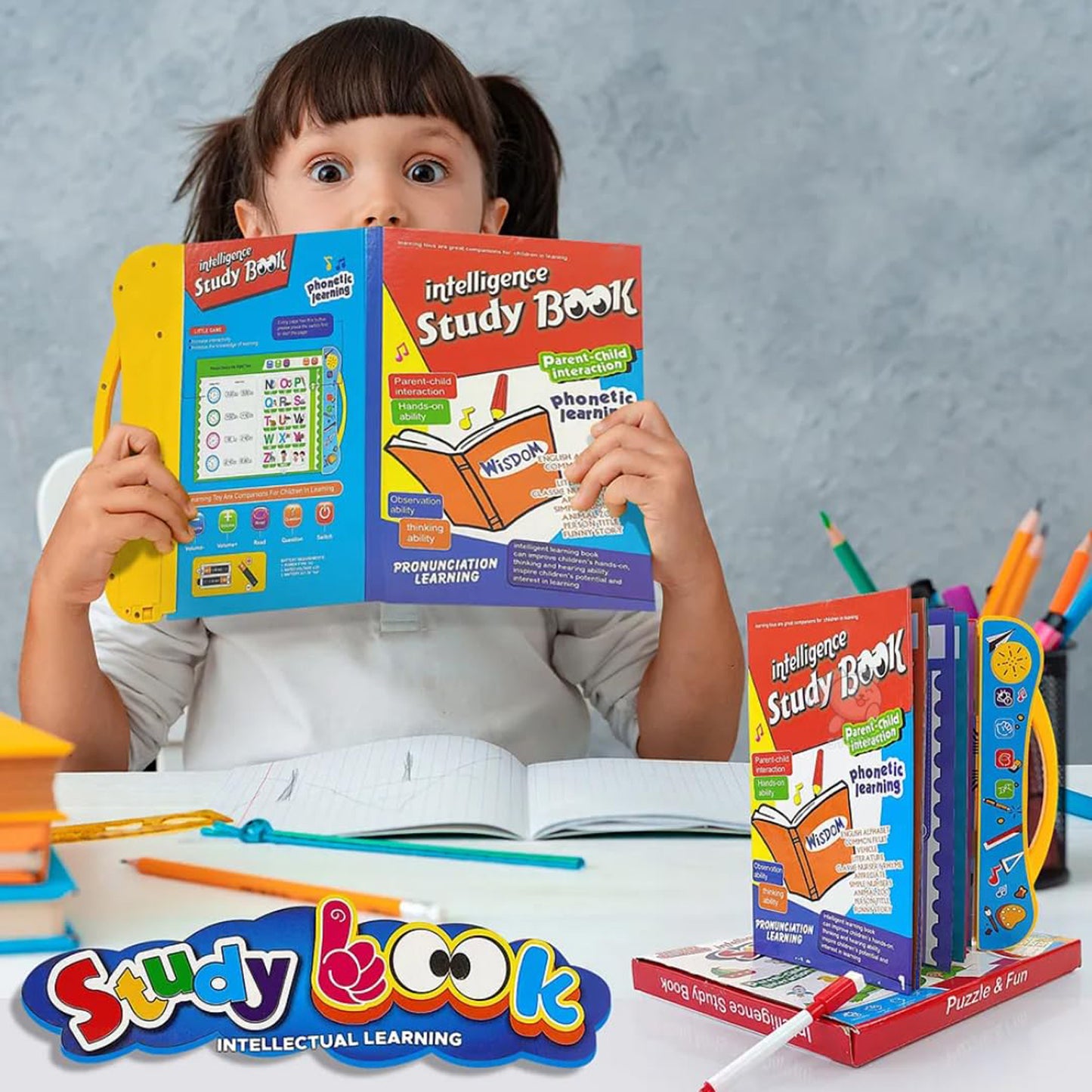 Wukusy Interactive Intelligence Learning Book with Sound Phonics, featuring colorful pages and engaging educational content for kids