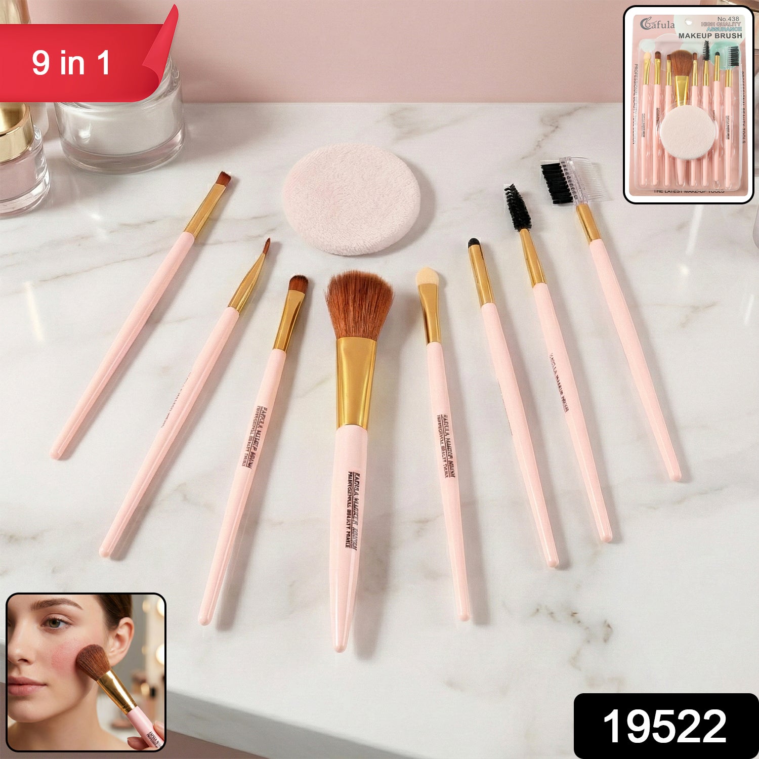 Wukusy 9-in-1 professional makeup brush set with various brushes for foundation, eyeshadow, blush, and contour application.