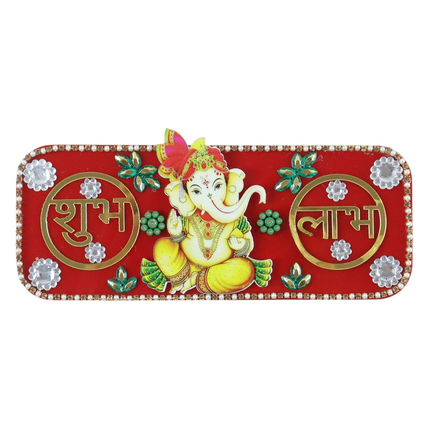 Decorative Wukusy Shubh Labh door hanging with Lord Ganesha design for auspicious home decoration, featuring vibrant colors and intricate details.