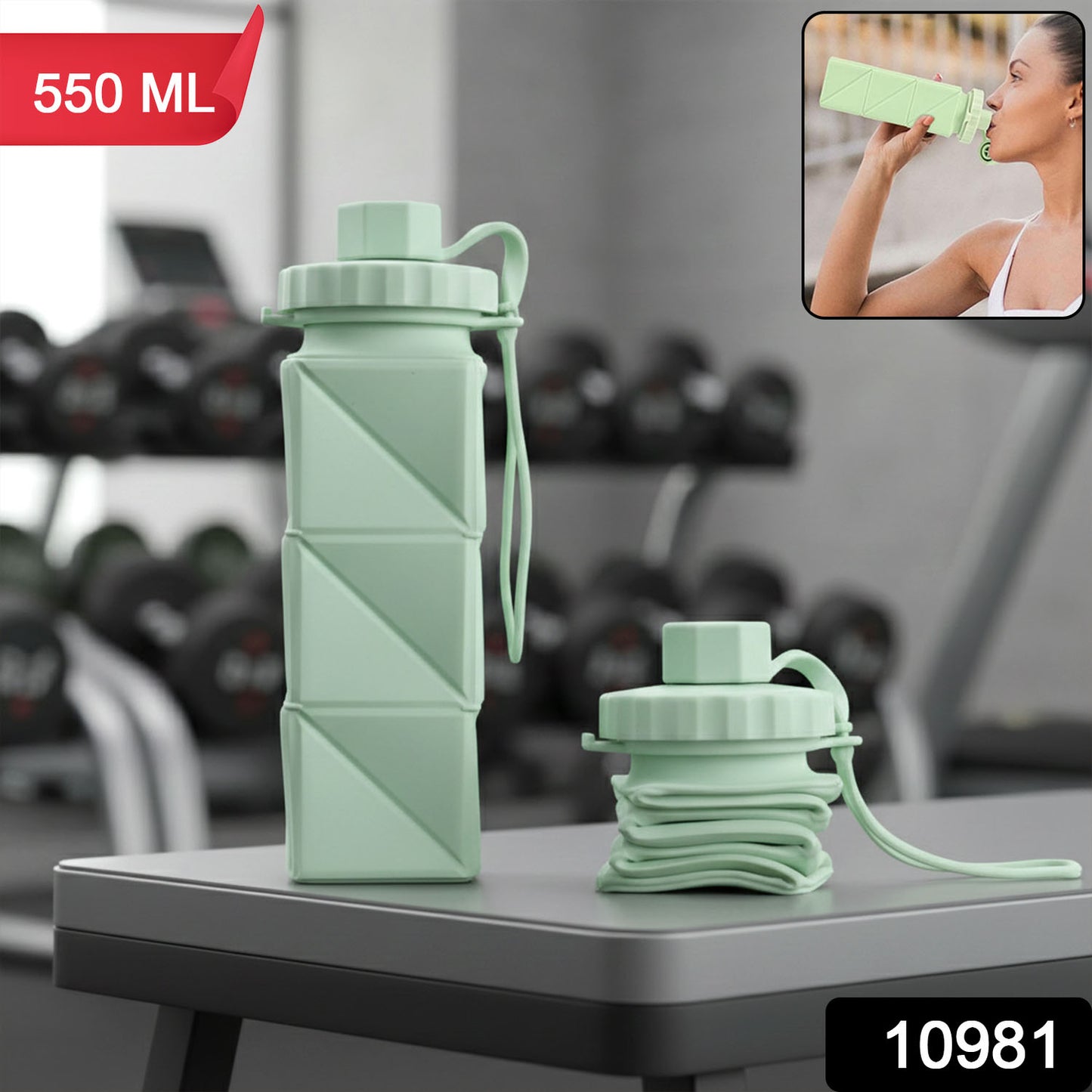 Wukusy premium foldable collapsible water bottle, transparent with a black cap, shown in a folded and expanded state.