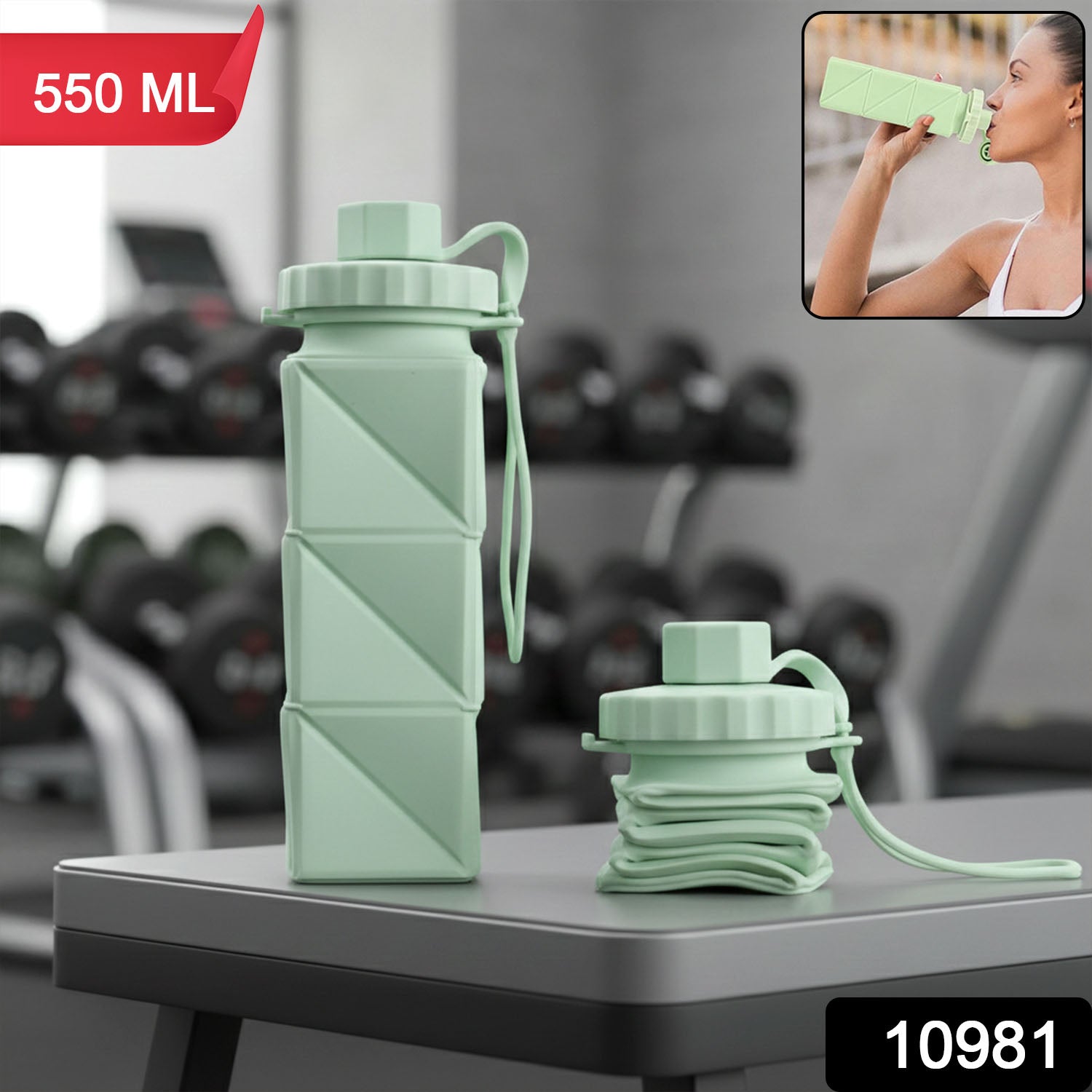 Wukusy premium foldable collapsible water bottle, transparent with a black cap, shown in a folded and expanded state.