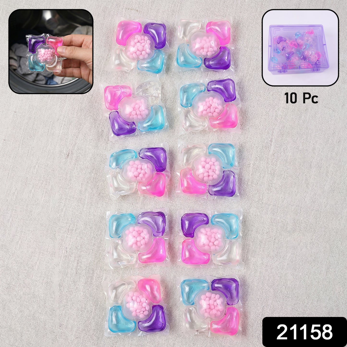 Multicolour laundry detergent pods by Wukusy in a 10-piece pack, showing colorful pods ready for laundry use.