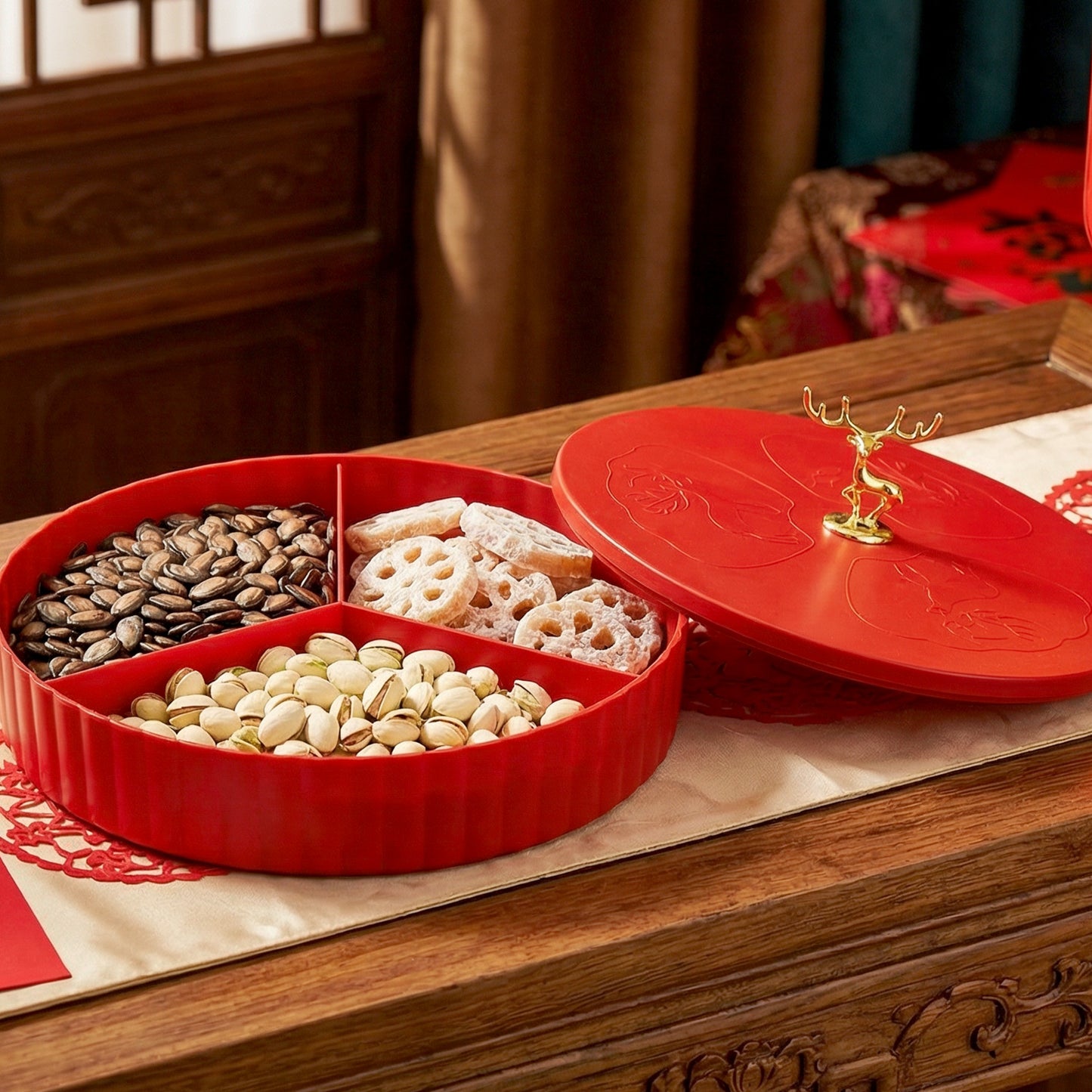 Wukusy 2-layer decorative dry fruit and snack serving tray with multiple compartments, perfect for serving dry fruits and snacks.