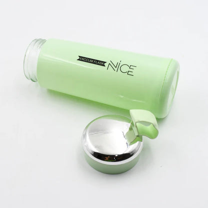 Light green 400ml Wukusy glass water bottle with leak-proof design, ideal for gym and children, showcases a sleek, portable style.